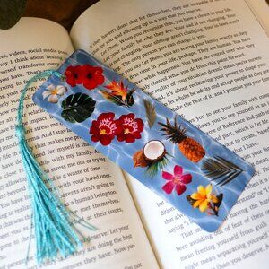 Tropical Flower and Fruit Metal Bookmark with Tassel, handmade, reading
